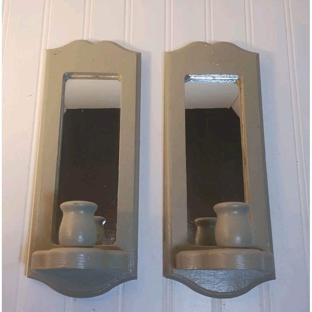 Pair Vintage Wood Gray Wall Candle‎ Sconce Mirror Farmhouse Cottage Painted 11"